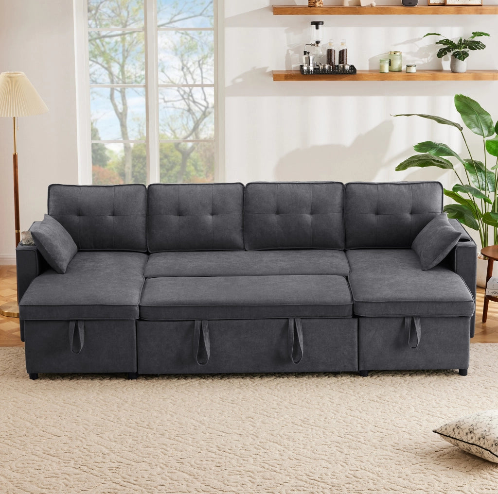 Divano letto a U trasformabile grigio con contenitori, portabevande e cuscini inclusi per riposare