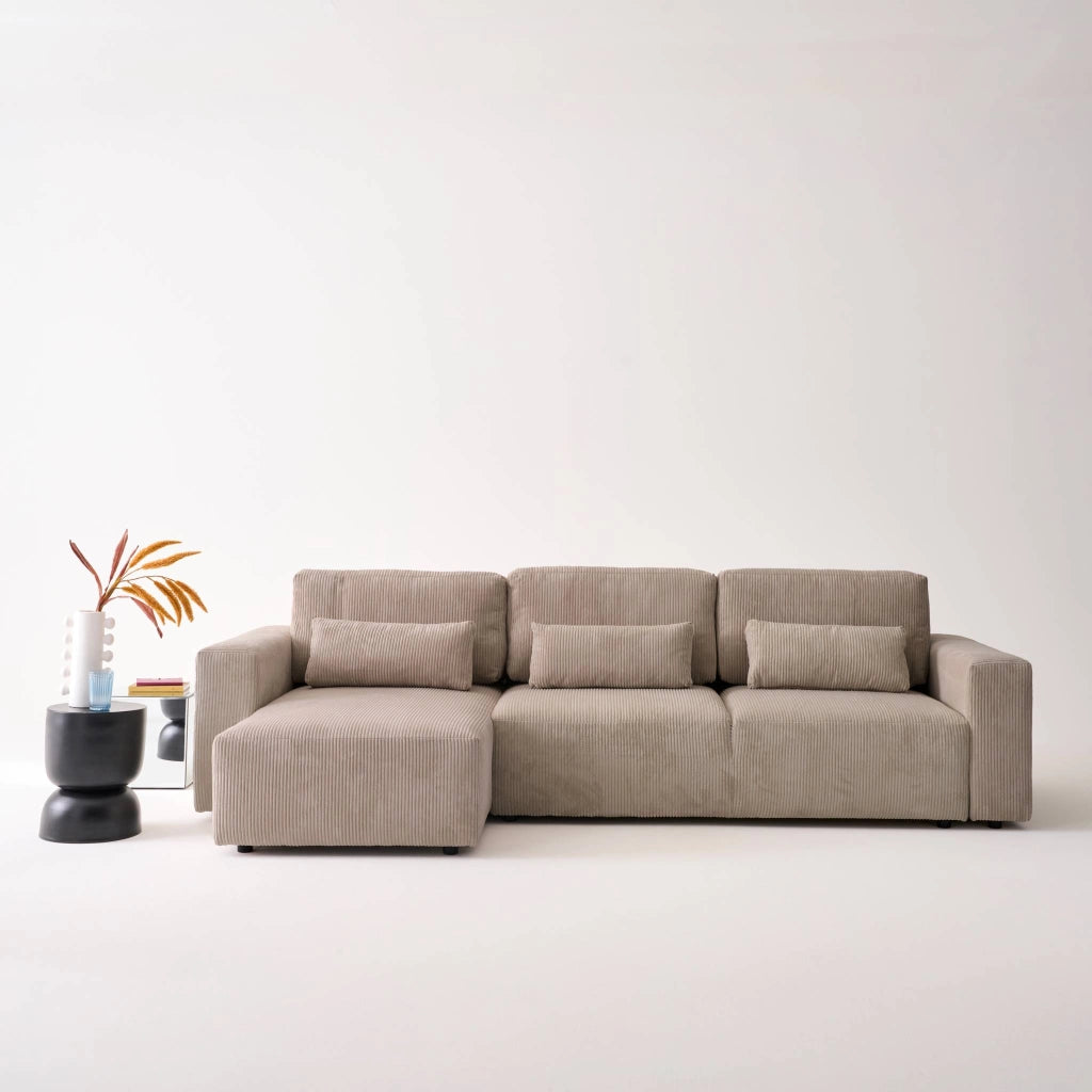 Divano letto angolare reversibile con contenitore in velluto a coste,