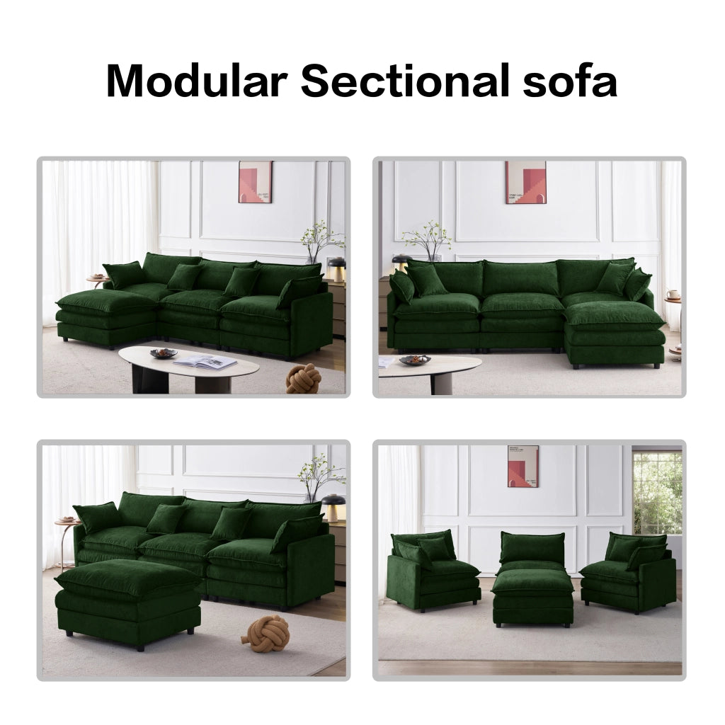 Divano angolare modulare con pouf mobile in chenille verde con seduta in memory schiuma e per 3 persone