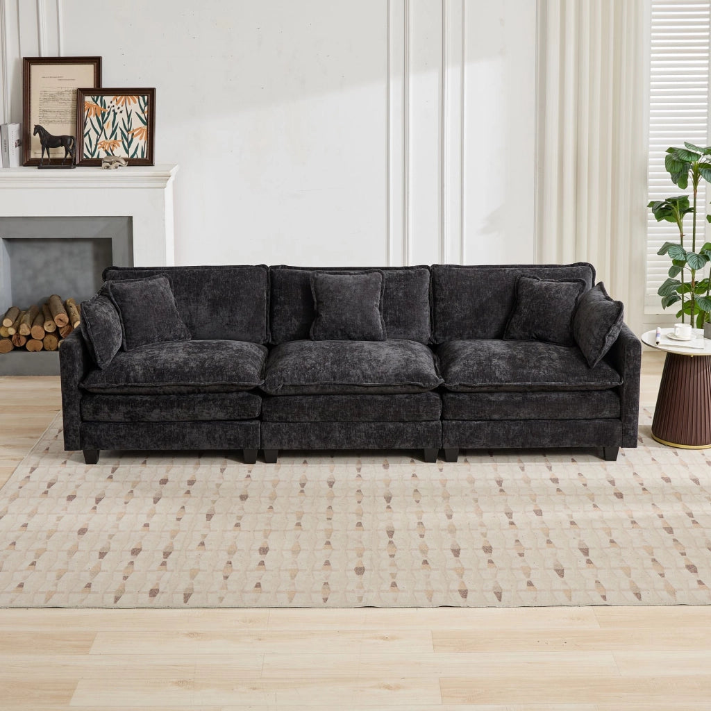 Divano 3 Posti in Tessuto Chenille ¨C MINIMAL ¨C Nero, Cuscini Imbottiti