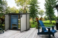 Porta Attrezzi da Giardino Patio Store, 1000L, Effetto Legno Spazzolato, Grigio, 139,5x77x120H cm