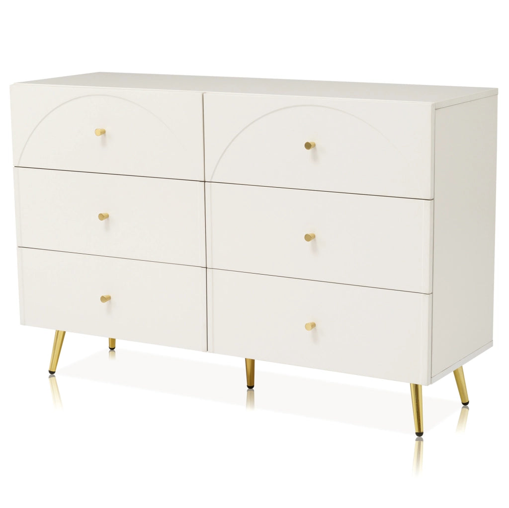 Cassettiera 120x40x85 cm con 6 cassetti; struttura in legno e metallo; crema-bianco