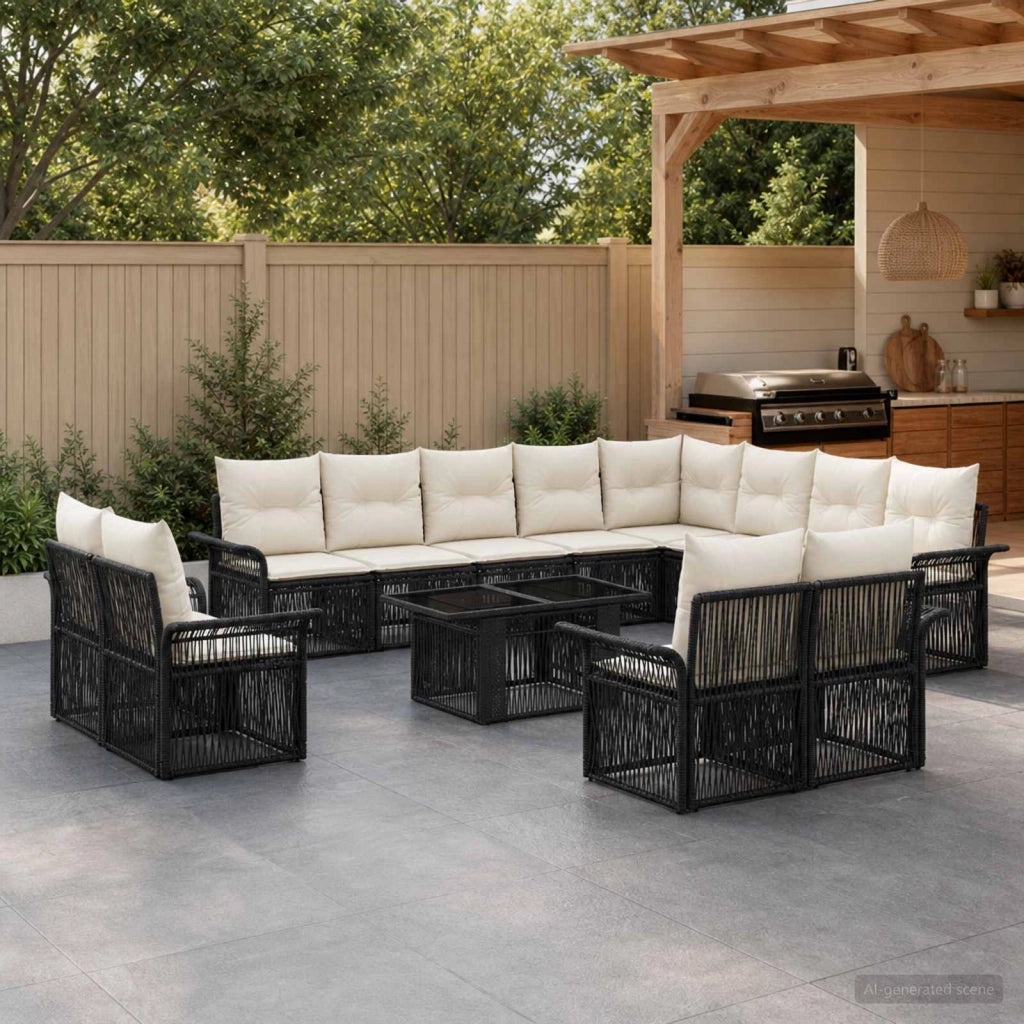 Set Divano da Giardino 13 pz Nero e Bianco Crema polyrattan 3436720