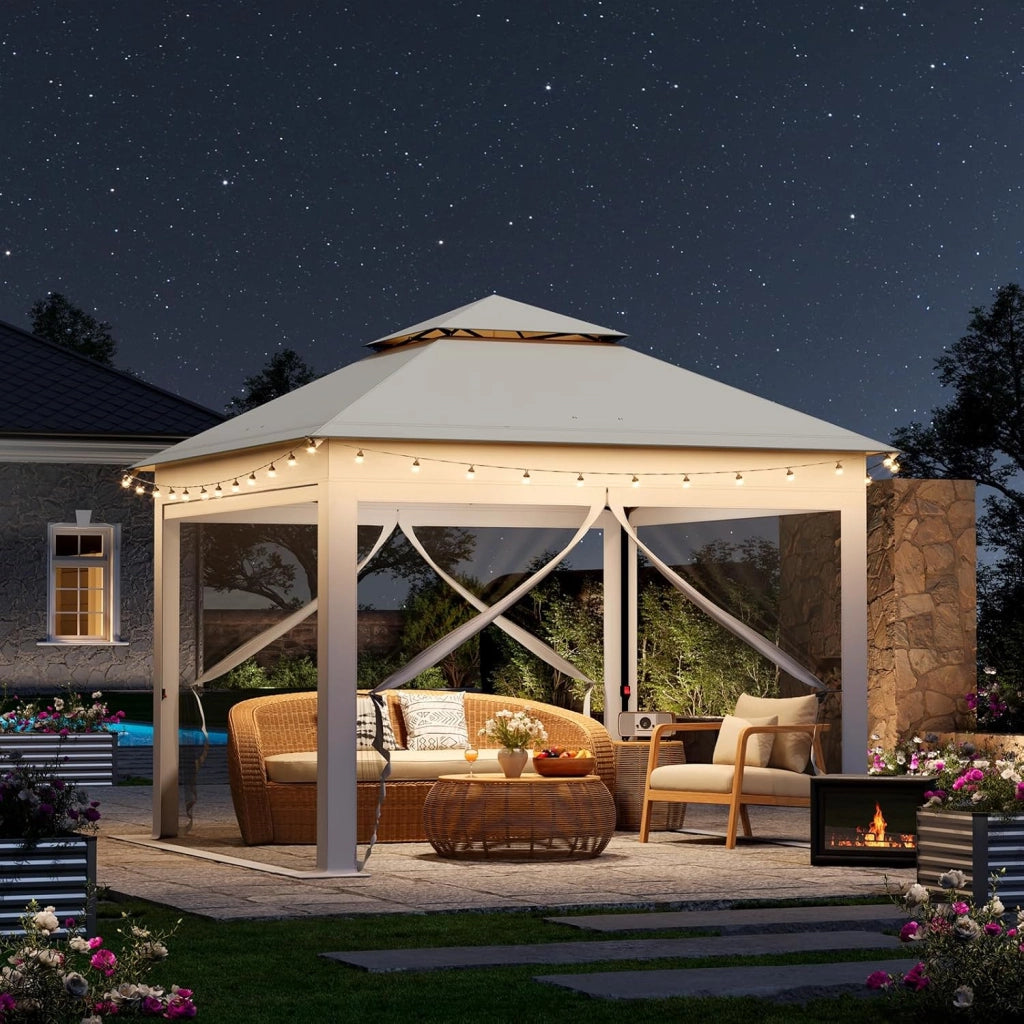 Gazebo da Giardino per Esterni, Gazebo 3x3 Pieghevole Idrorepellente, con Zanzariera Rimovibile, Doppio Tetto, Borsa per Trasporto, Resistente ai Raggi UV, Beige
