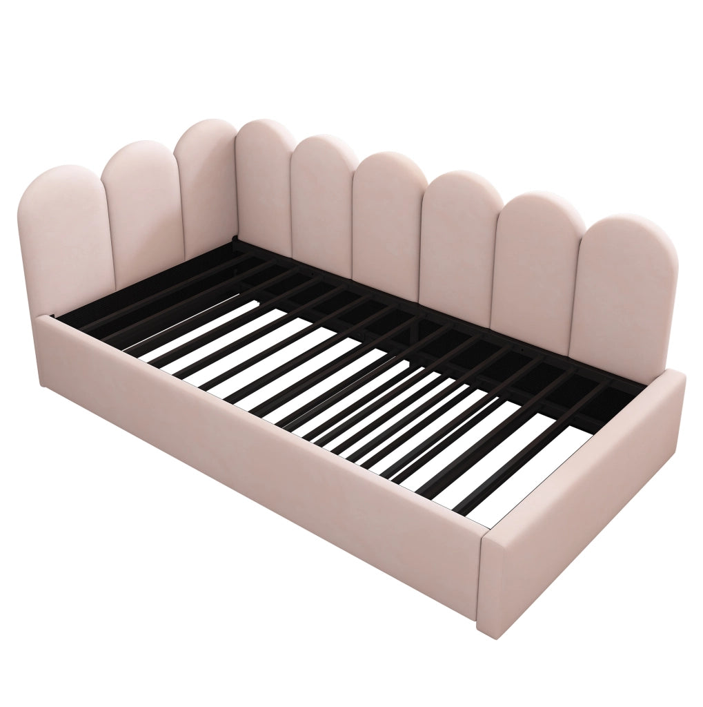 Divano letto 90x200 cm; rete estraibile; design a griglia; velluto; rosa (Senza materasso)