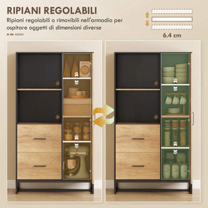 Credenza Moderna da Cucina 88x35x160 cm con 2 Cassetti 2 Ripiani e un Armadietto Legno e Nero