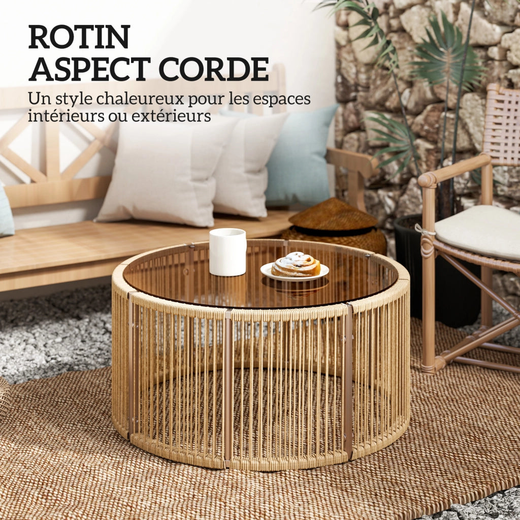Tavolino da giardino rotondo in polyrattan ¨C zephmum ¨C vetro temperato, acciaio, 70x70x33 cm, marrone