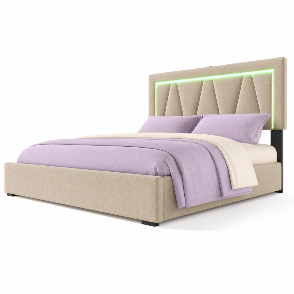 Letto matrimoniale imbottito 160x200 con LED, USB Tipo C, contenitore e materasso incluso