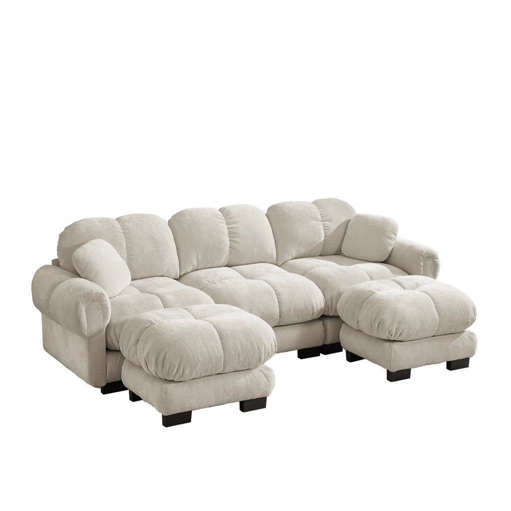 Divano panoramico a U 3 posti modulare con cuscini e seduta imbottita in chenille beige chiaro