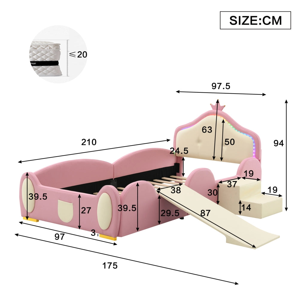 Letto imbottito 90x200 cm con LED; scivolo e scaletta in PU rosa e beige