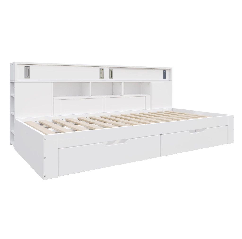 Letto a giorno 140x200 cm con cassetti e vani contenitori in MDF bianco