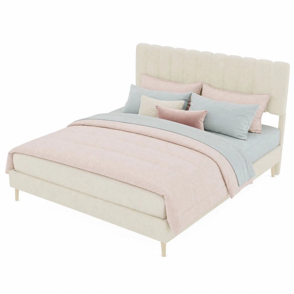 Letto matrimoniale imbottito 160x200 cm in tessuto effetto velluto; beige
