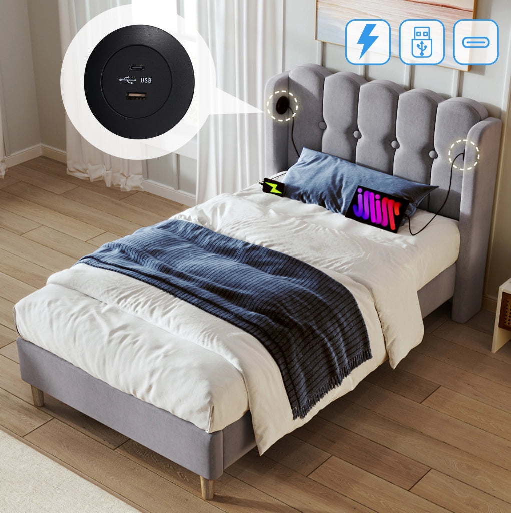 Letto imbottito 90x200 cm con USB e Type-C; struttura in lino grigio