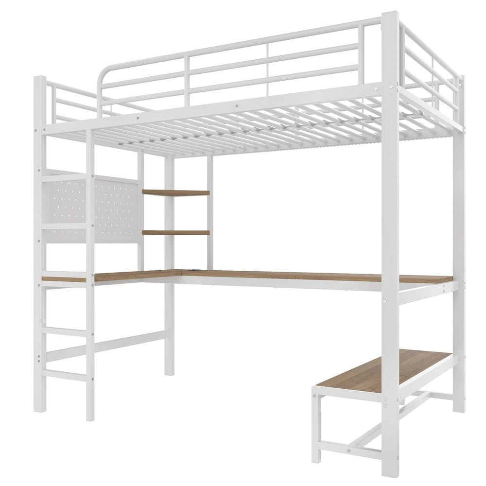 Letto a Soppalco con Scrivania e LED ¨C MINIMAL ¨C Bianco, 90x200, Metallo