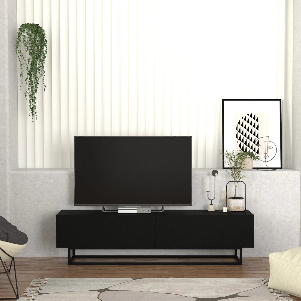 Mobile Porta TV Nolven a 2 Ante Ribalta e Telaio in Metallo 180x32x47 cm - Nero [en.casa]