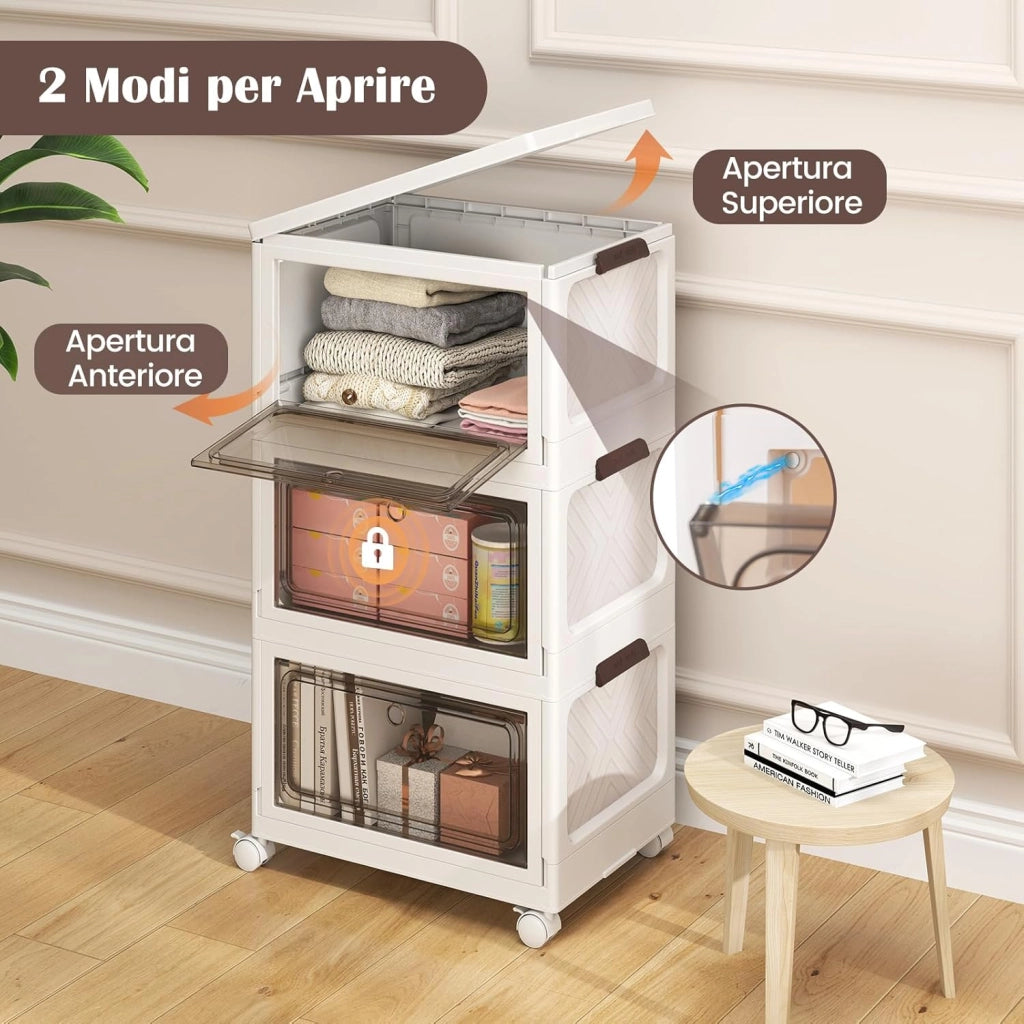 Set da 3 Contenitori Impilabili, Scatole Pieghevoli da 75/105 L con Ruote Bloccabili Porta e Coperchio, Organizzatori per Armadio, Multiuso per Casa Dormitorio (48 x 34 x 82 cm)