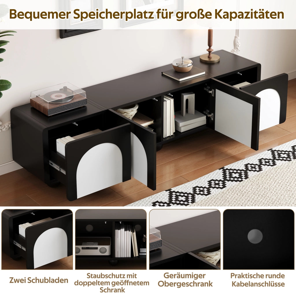 Mobile porta TV con due cassetti e ante centrali in MDF e pannello truciolare nero e bianco 180 × 38 × 45 cm