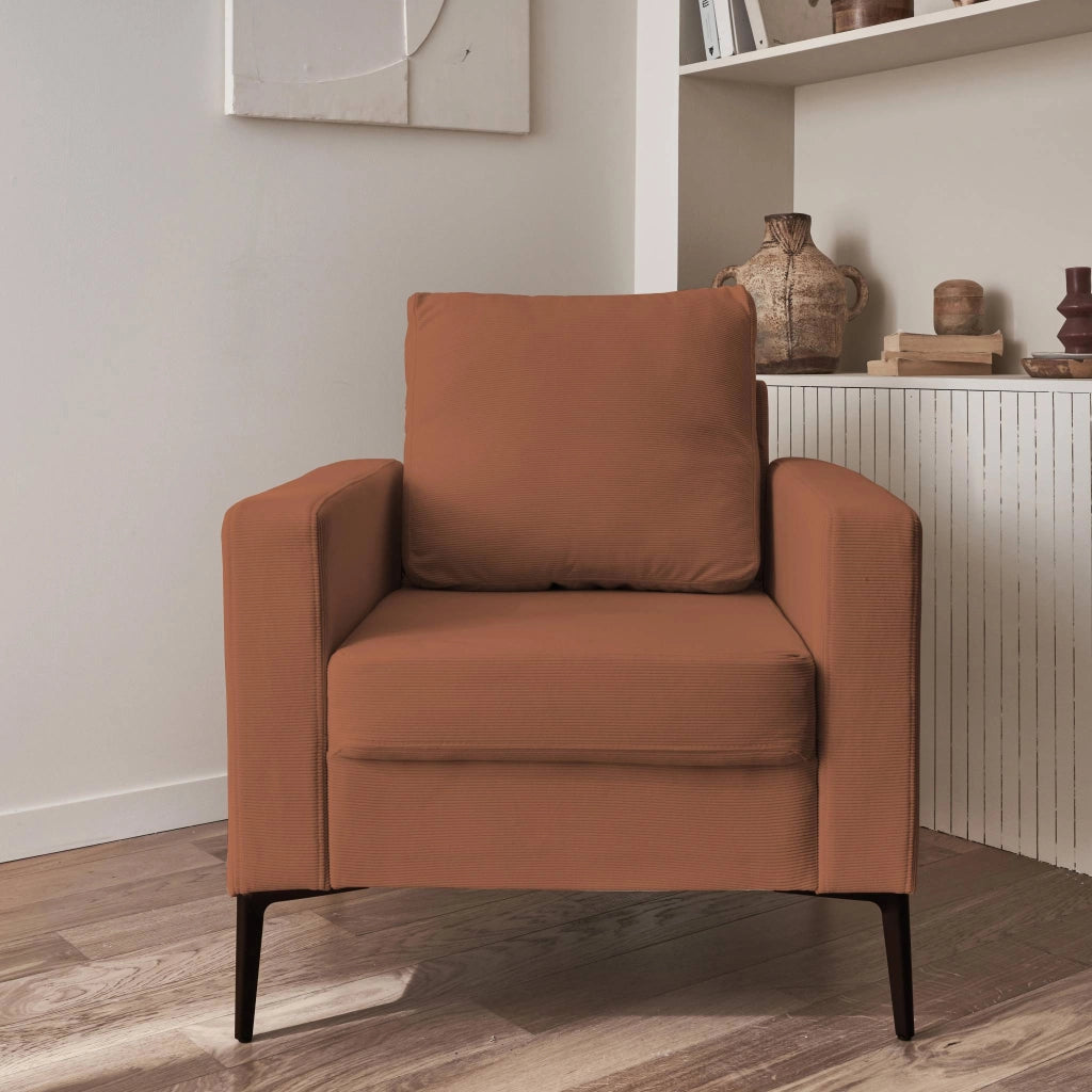 Poltrona in velluto a coste, gambe in metallo, terracotta