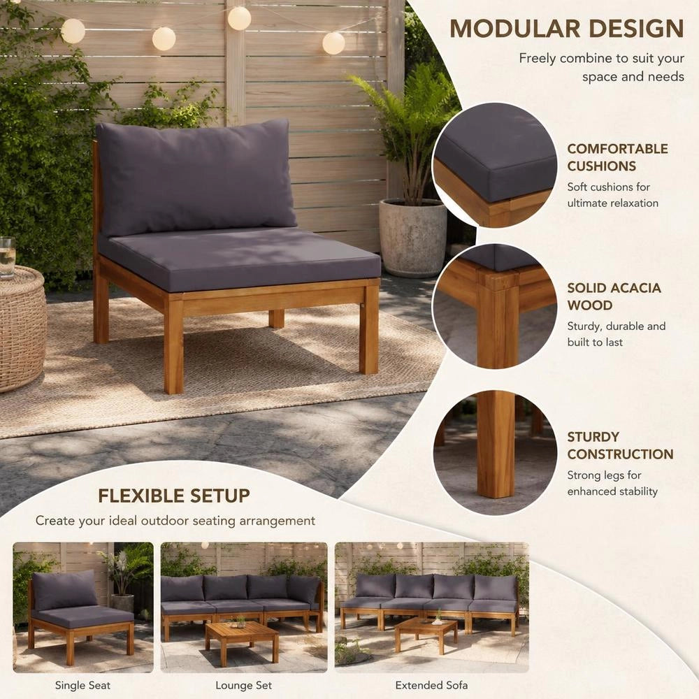 Modular Center Sofa With Dark Grey Cushions, Solid Acacia Wood