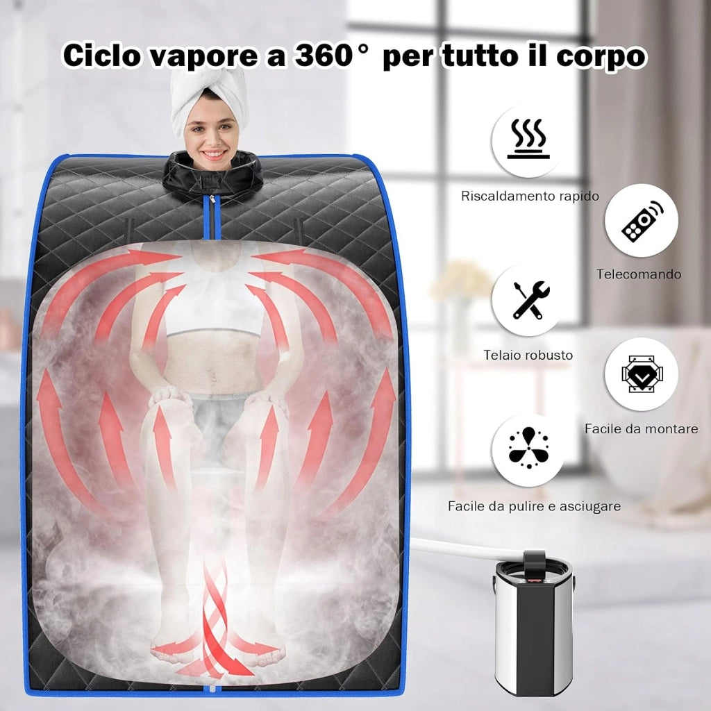 Cabina Sauna a Vapore, Sauna da Casa con Sedia, Telecomando, Timer e Temperatura Regolabili, con Funzione Atomizzazione e Coperchio di Vetro Temperato Antiscoppio (Nero)