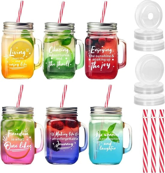 Set di 6 bicchieri Mason, 450 ml bicchiere di vetro colorato con maniglia, bicchieri Mason con coperchio arieggiato e cannello, riciclabile, per cocktail, milkshake, mojito