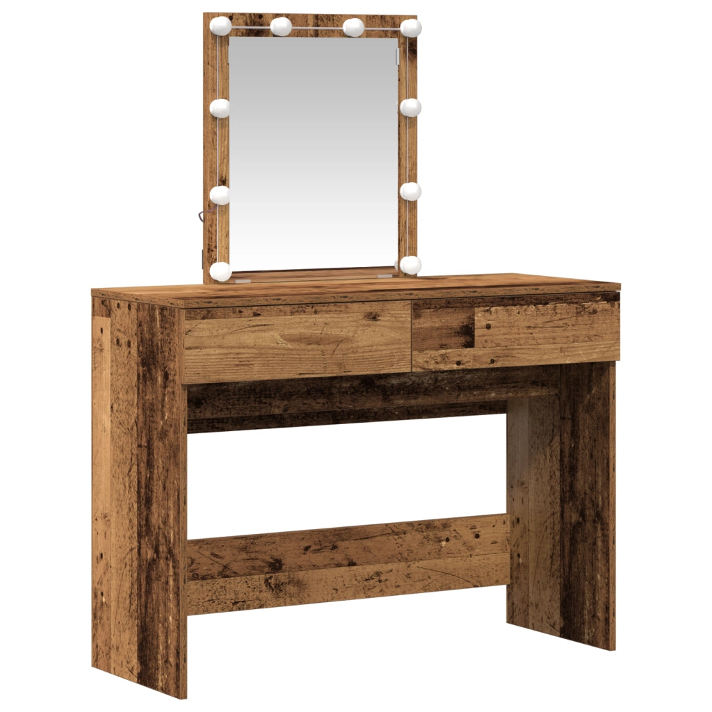 Tavolo da trucco con specchio e luci LED in legno vecchio