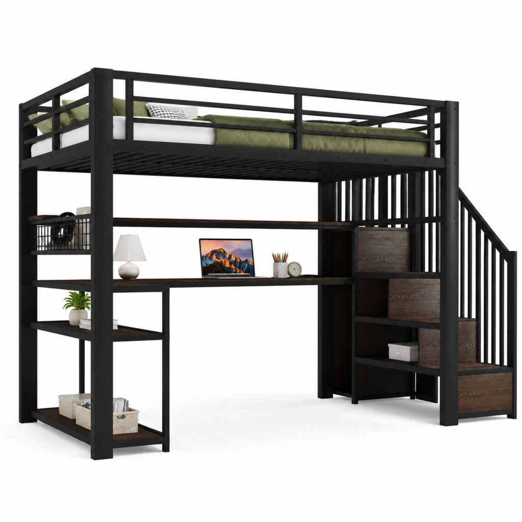 Letto a Soppalco 90x200 cm; Letto Singolo con LED; Scrivania; Armadio e Stivaggio