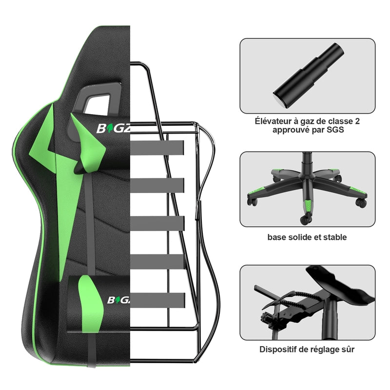Sedia da gioco,  Sedia da gioco ergonomica in pelle PU, regolabile in altezza, con poggiatesta e supporto lombare, poggiapiedi,Nero Verde