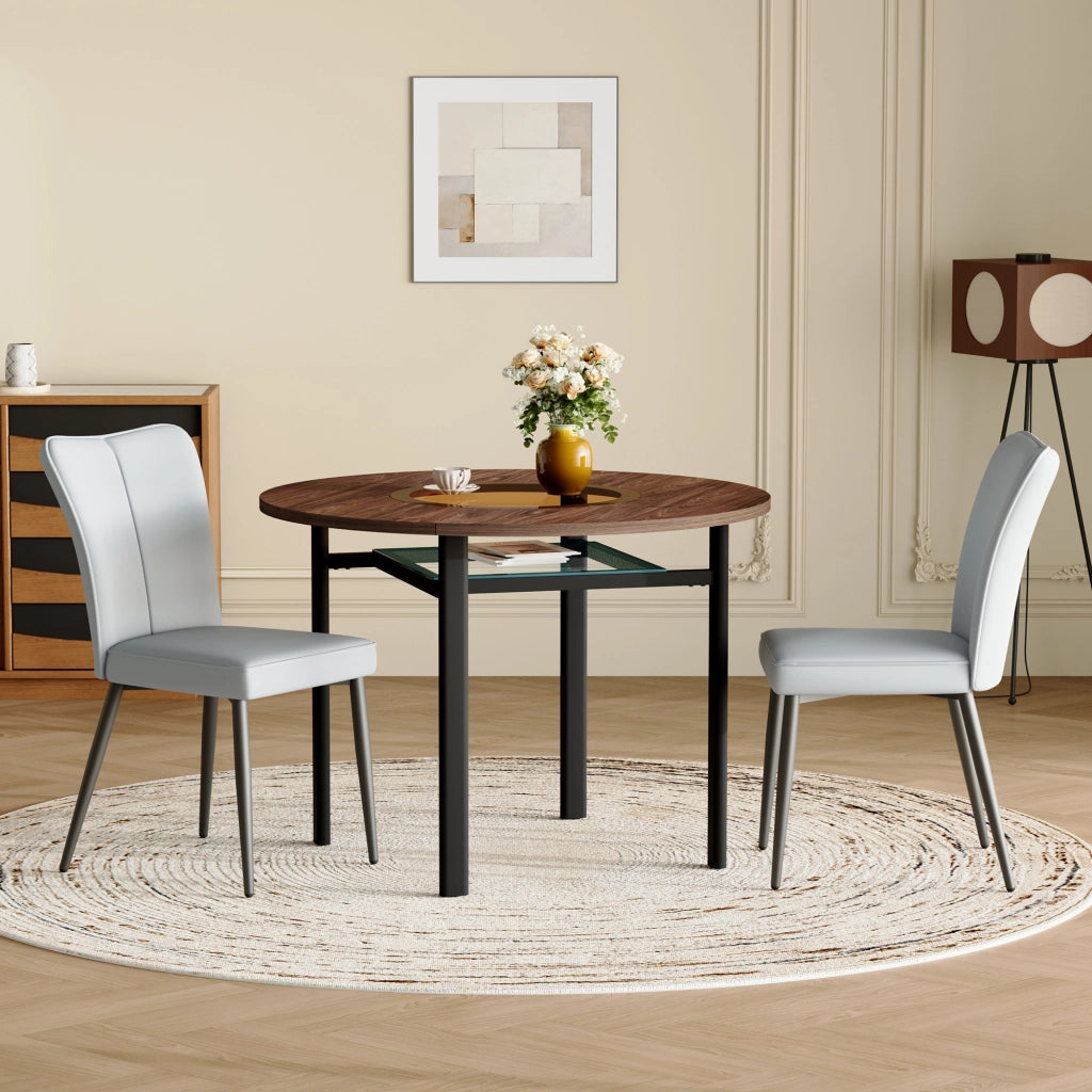 Tavolo da pranzo rotondo 100 cm con 2 sedie; piano in vetro; MDF marrone