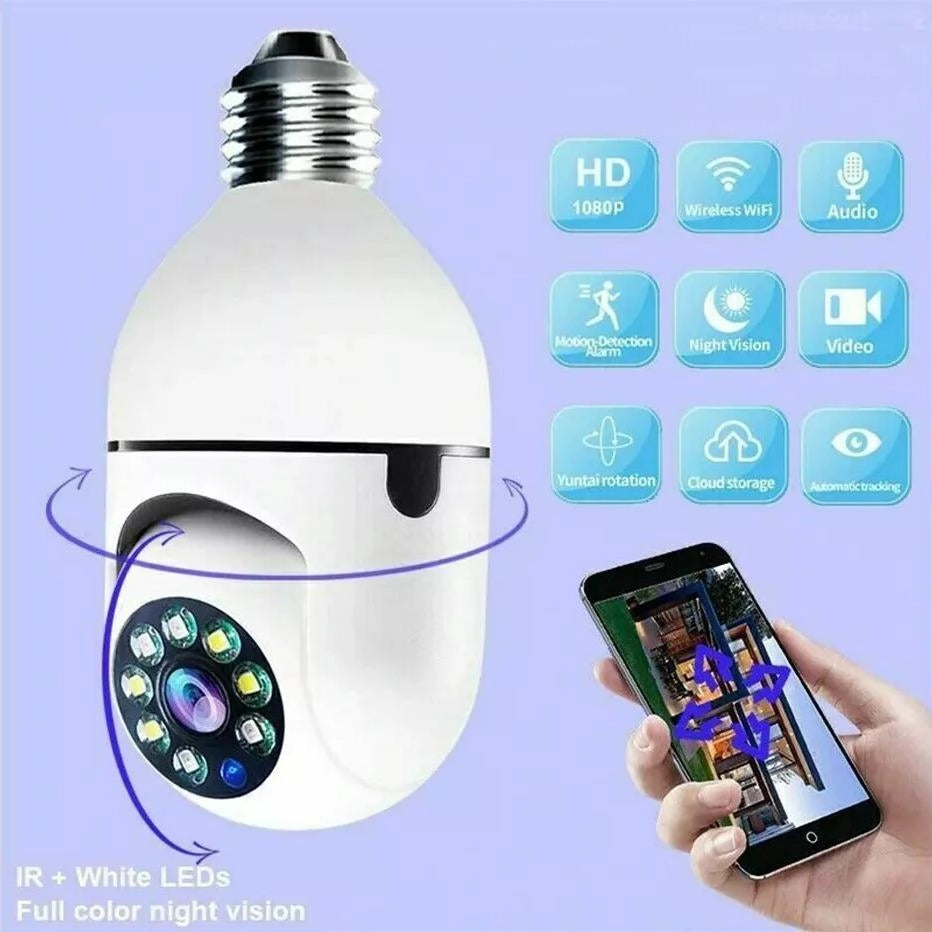 LAMPADINA FOTOCAMERA IP WIFI 360° 1080P VISIONE NOTTURNA RILEVAMENTO MOVIMENTO AUDIO BIDIREZIONALE INSTALLAZIONE FACILE SICUREZZA SMART HOME