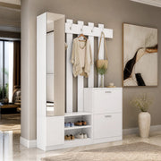 Set ingresso con specchio 135 x 25 x 180 cm, scarpiera salvaspazio con 2 scarpiere a ribalta, vani portaoggetti e 5 ganci, bianco