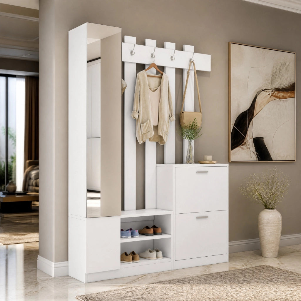 Set ingresso con specchio 135 x 25 x 180 cm, scarpiera salvaspazio con 2 scarpiere a ribalta, vani portaoggetti e 5 ganci, bianco