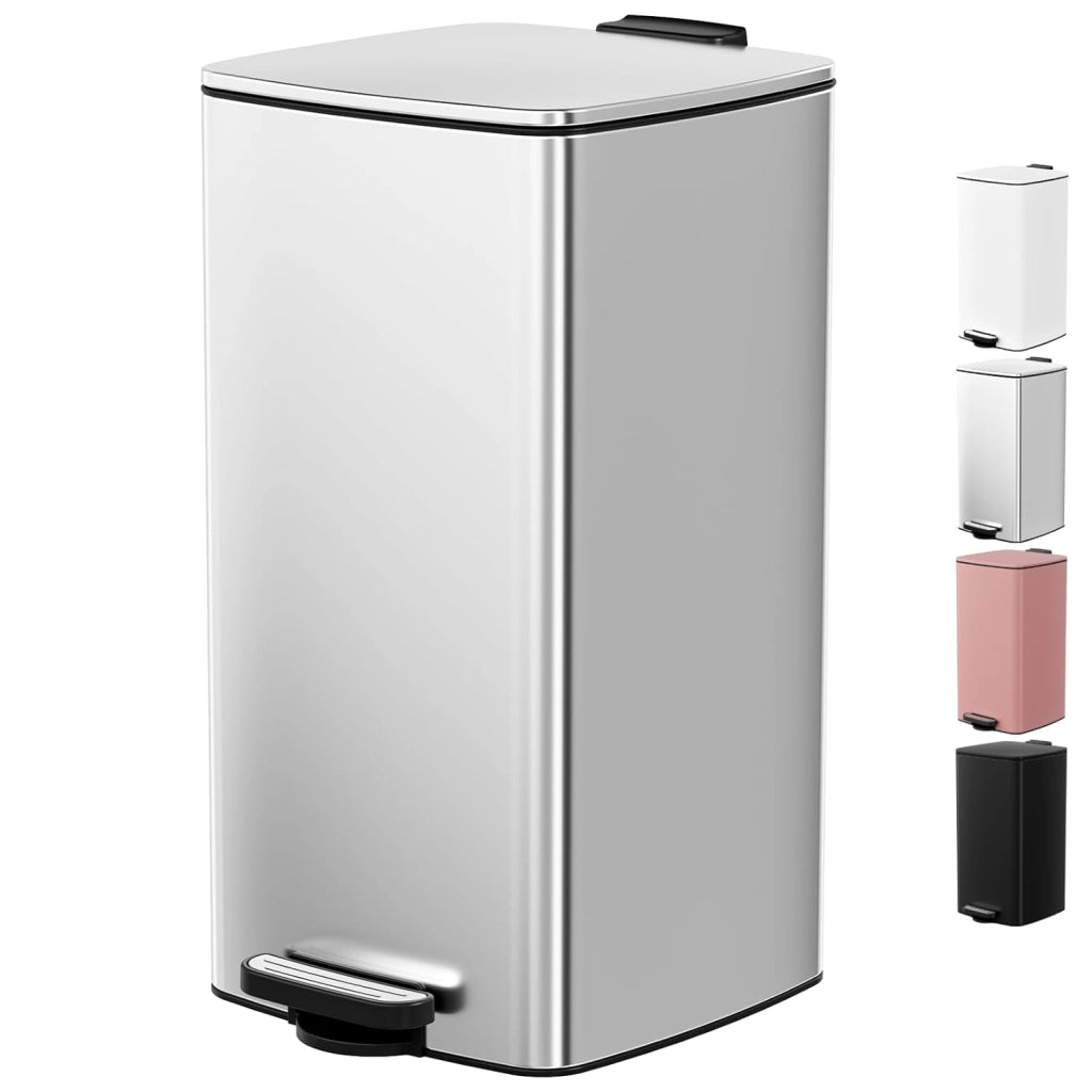 Pattumiera Cucina 30 L a Pedale, Pattumiera Rettangolare in Acciaio con Coperchio Soft-Close, Secchio Interno e Funzione di Mantenimento Aperto, per Cucina, Soggiorno e Ufficio – Bianco