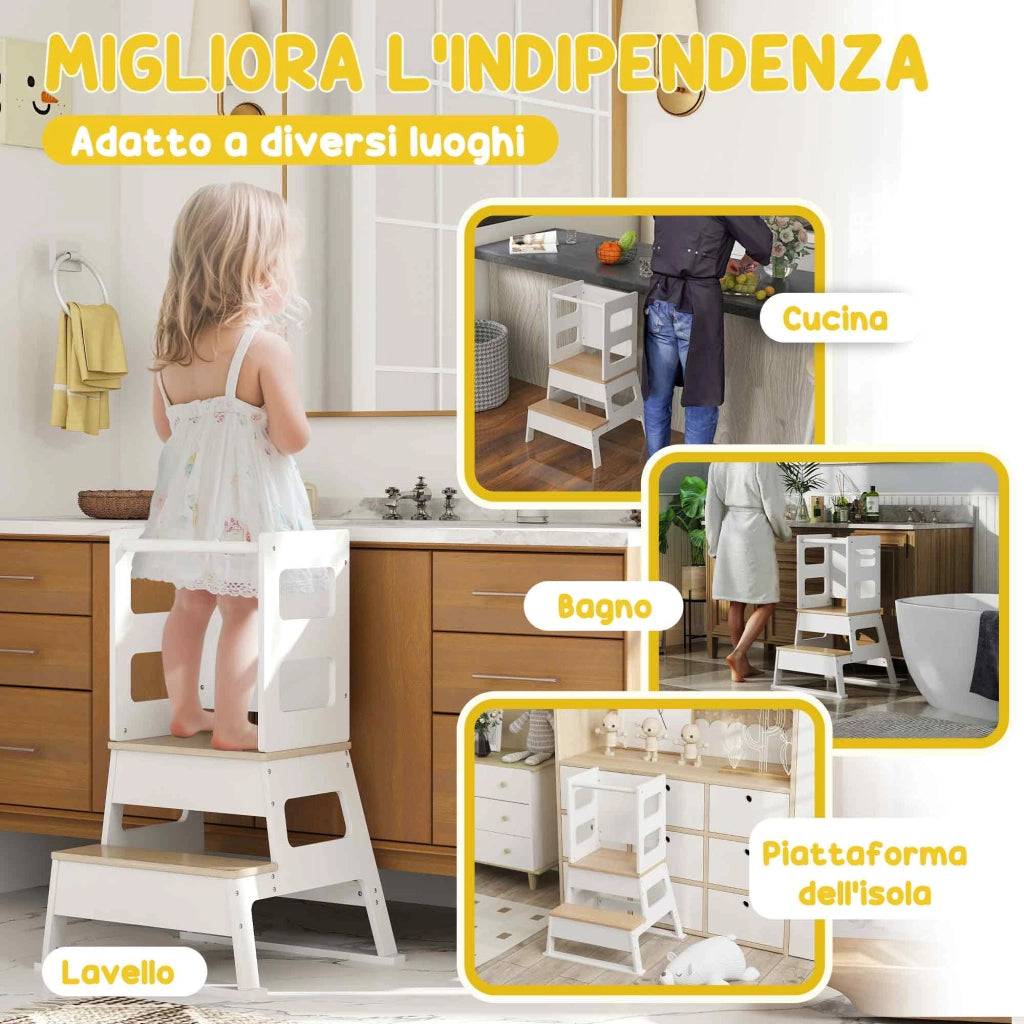 Torre Montessoriana Scala con Ringhiera e Lavagna 55x52,5x87,5 cm Bianco e color Legno