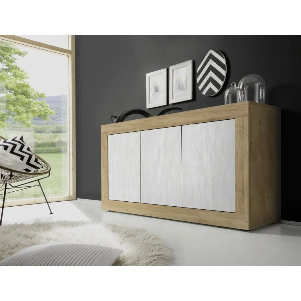 Buffet a 3 ante collezione ACCESS. Colori bianco e rovere chiaro