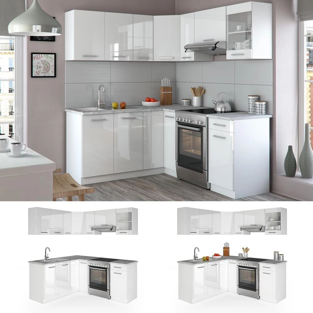 Cucina angolare completa Rick, Bianco lucido/bianco, 190 x 60 cm, PL Marmo, con elementi modulari espandibili per una pianificazione flessibile della cucina