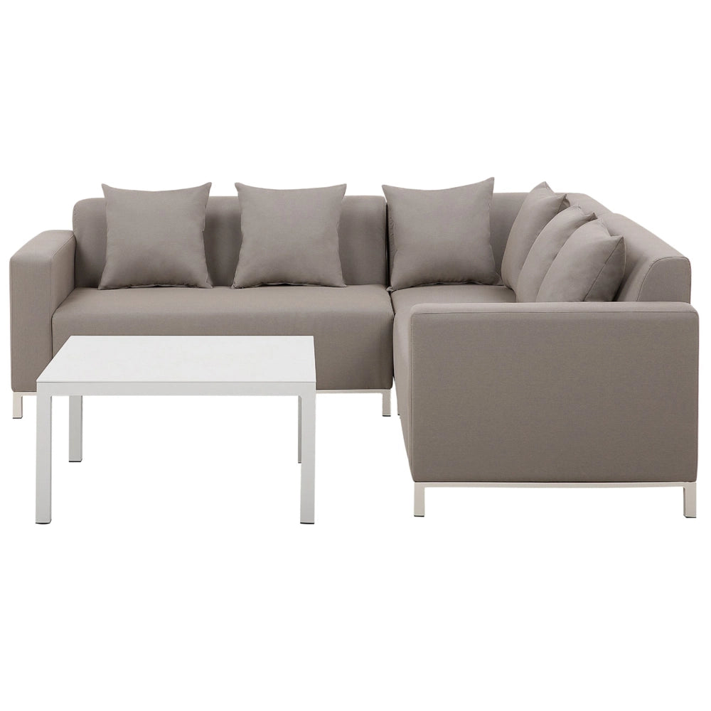 Set di 6 divani componibili per esterni con struttura in alluminio color tortora con cuscini sinistro