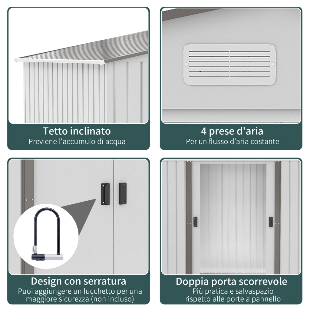 Casetta da Giardino con Doppie Porte Scorrevoli 277x195x192 cm in Acciaio e Polipropilene Argento