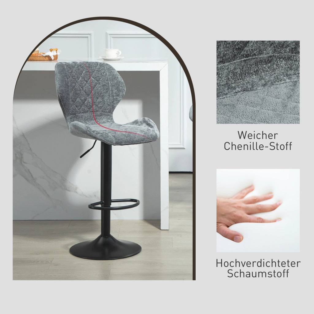 Set 2 Sedie da Bar con Schienale, Regolabili, Girevoli, Grigio ¨C zephmum ¨C Struttura Metallo, Tessuto