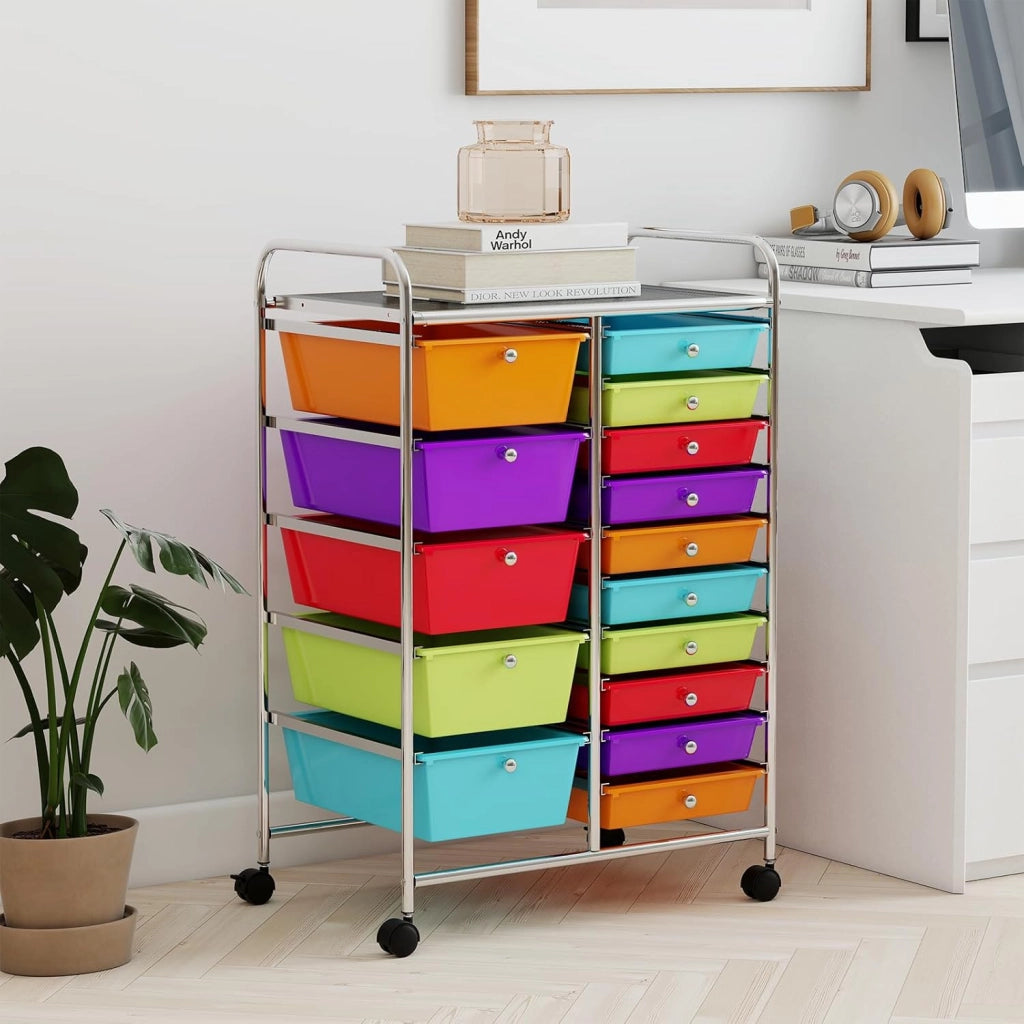 Carrello con 15 cassetti, impilabile, per cassetti, da cucina, bagno, ufficio, 63 x 37 x 87 cm (bianco)