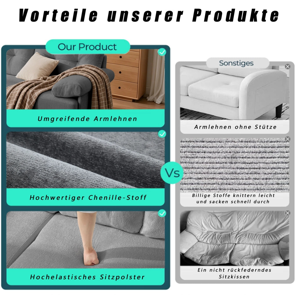 Divano angolare reversibile a 3 posti con cuscini imbottiti e braccioli, in legno e chenille grigio