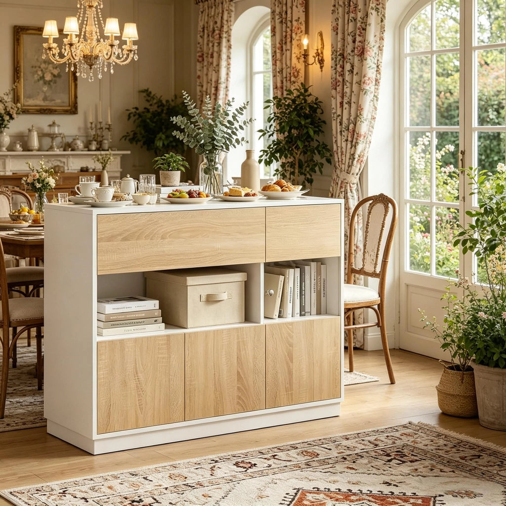 Credenza e madia con vano aperto e anta acrilica, in legno ingegnerizzato, bianco e rovere chiaro, 100 × 40 × 80 cm