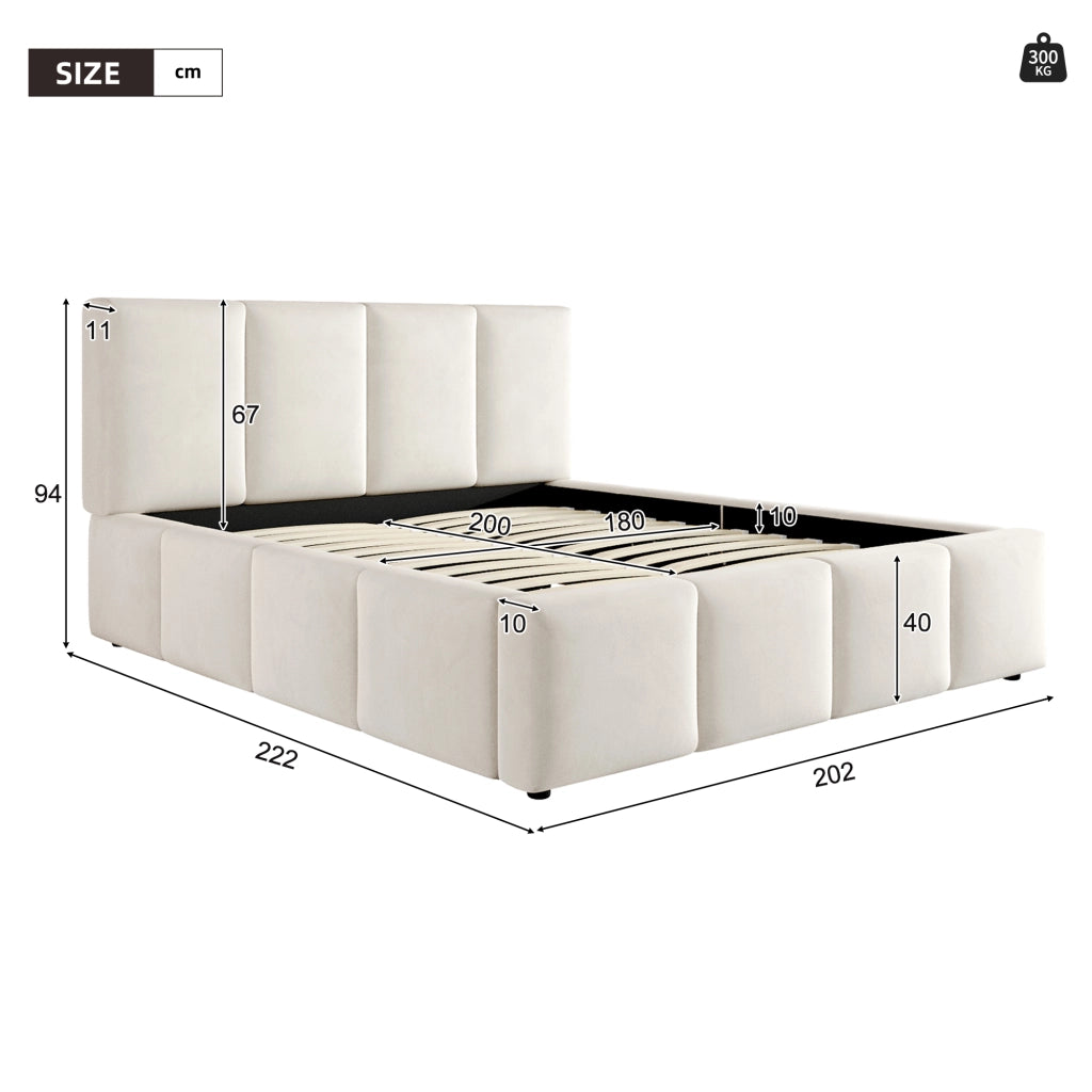 Letto per adulti 180 × 200 cm con testiera imbottita, rete inclusa, senza materasso, beige