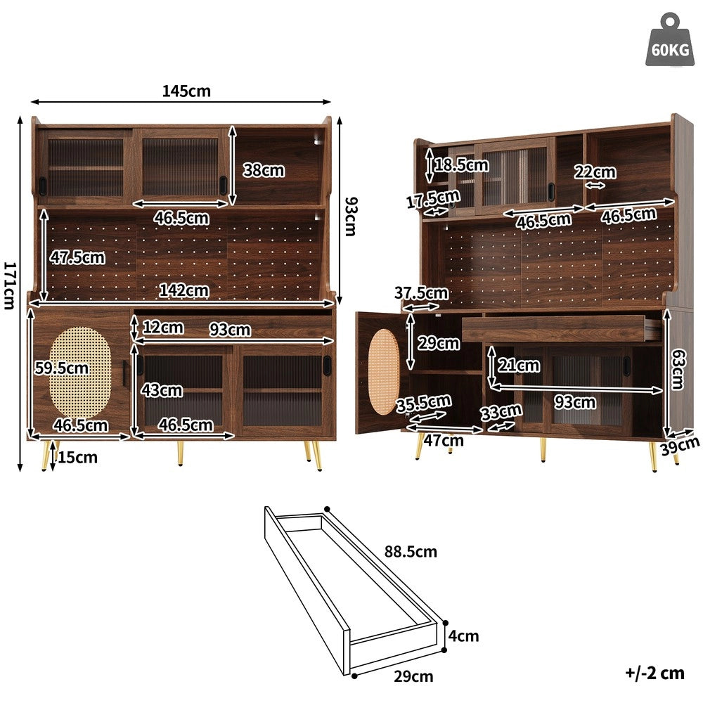 Credenza con LED ¨C Xylo ¨C Legno Marrone/Nero, 5 Ante Vetro, 145x39x171