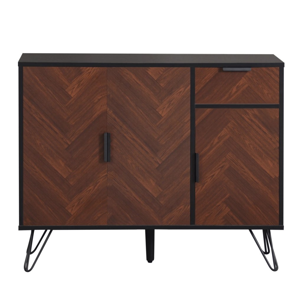 Credenza con 1 cassetto e ripiani regolabili in MDF e truciolare, nero e legno, per soggiorno, 90 × 30 × 71,5 cm