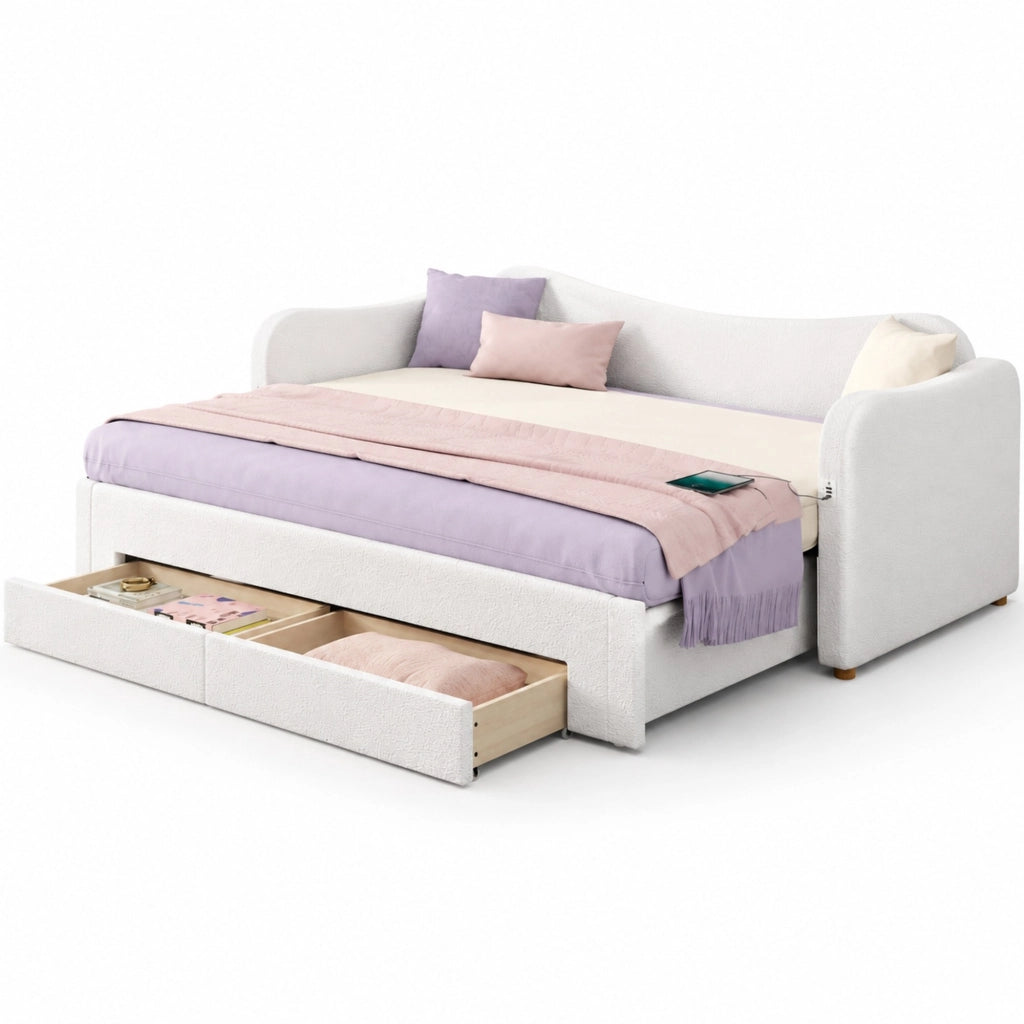 Letto imbottito estraibile 90x200 cm con cassetti; USB e Type-C; beige bouclé