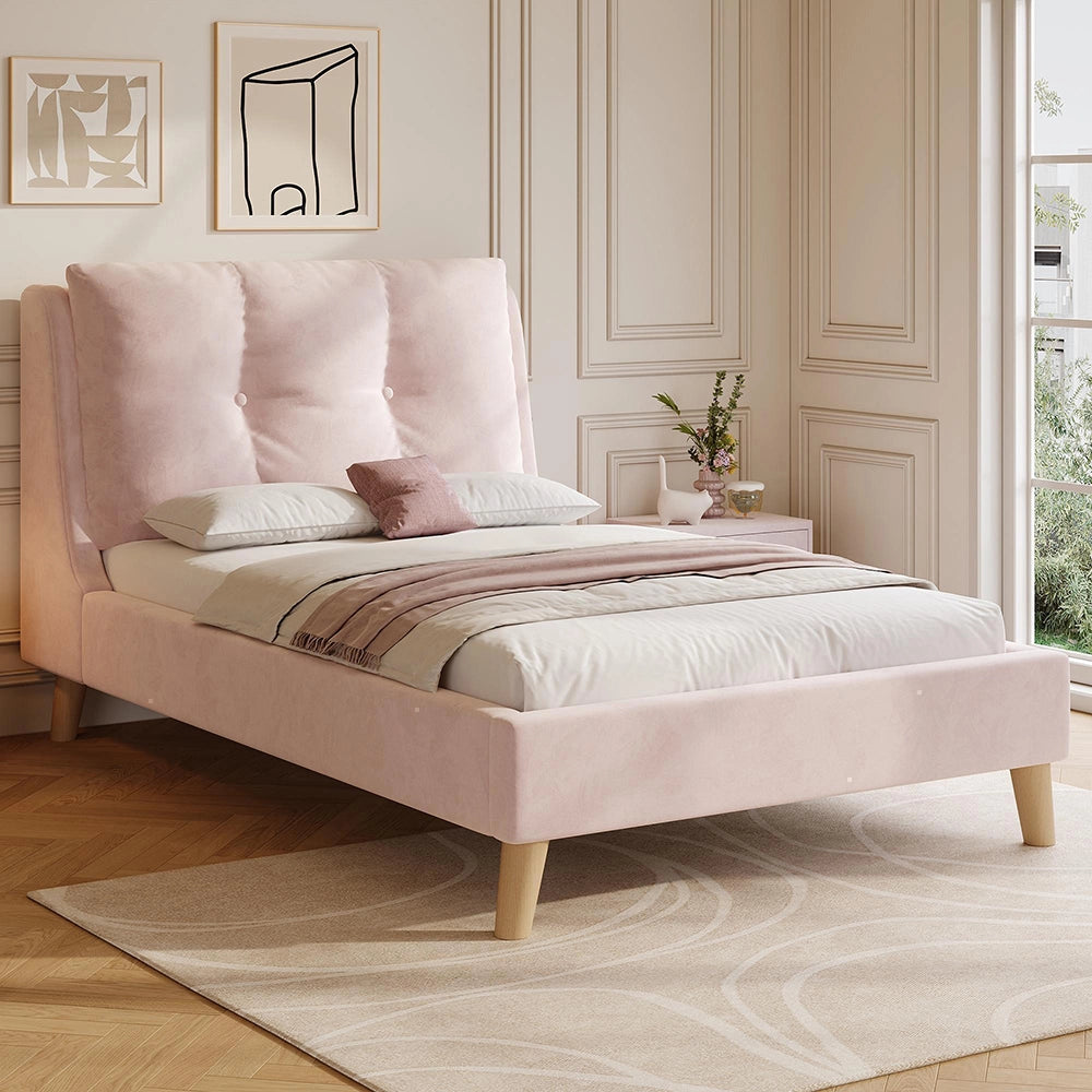 Letto imbottito-Xylo-90x200cm testiera velluto piedi legno massiccio rosa
