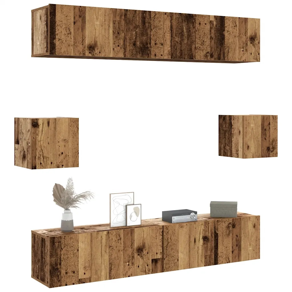Set Mobile TV 6 pz | Armadietto TV | Mobile Porta TV Montato a Parete Legno Antico in Truciolato