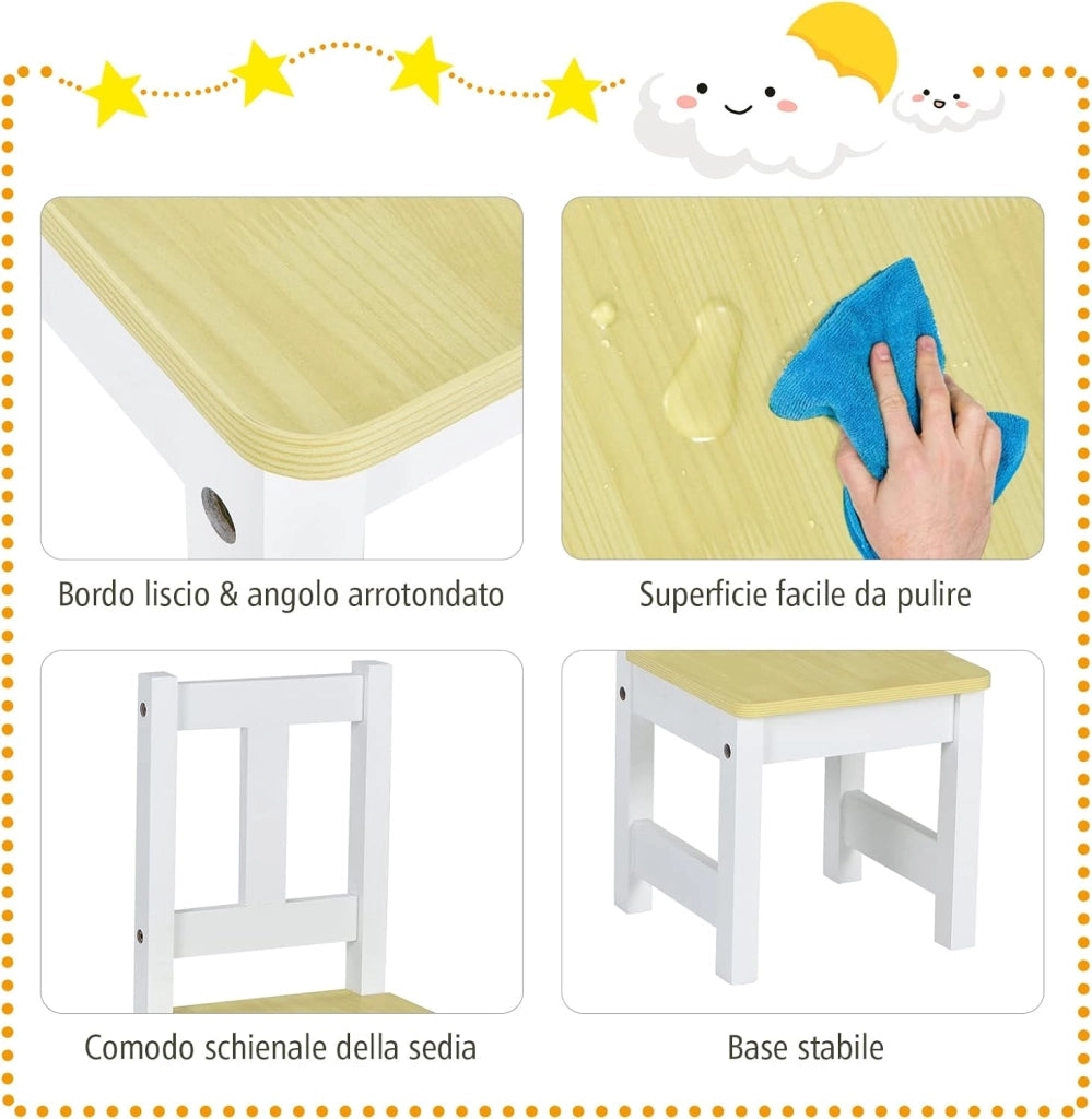 Set 4 Pezzi Tavolo e Sedie per Bambini, 2 in 1 Tavolino Attività di Legno Con 2 Sedie e 1 Panca, per Giocare Disegnare Leggere e Mangiare (Naturale)