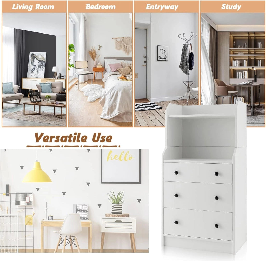 Cassettiera Moderna con 2 Ripiani Aperti e 3 Cassetti Estraibili, Comodino Alto con Dispositivo Anti-ribaltamento per Camera da Letto Soggiorno Ingresso, 58 x 36 x 111 cm, Bianco/Nero/Noce